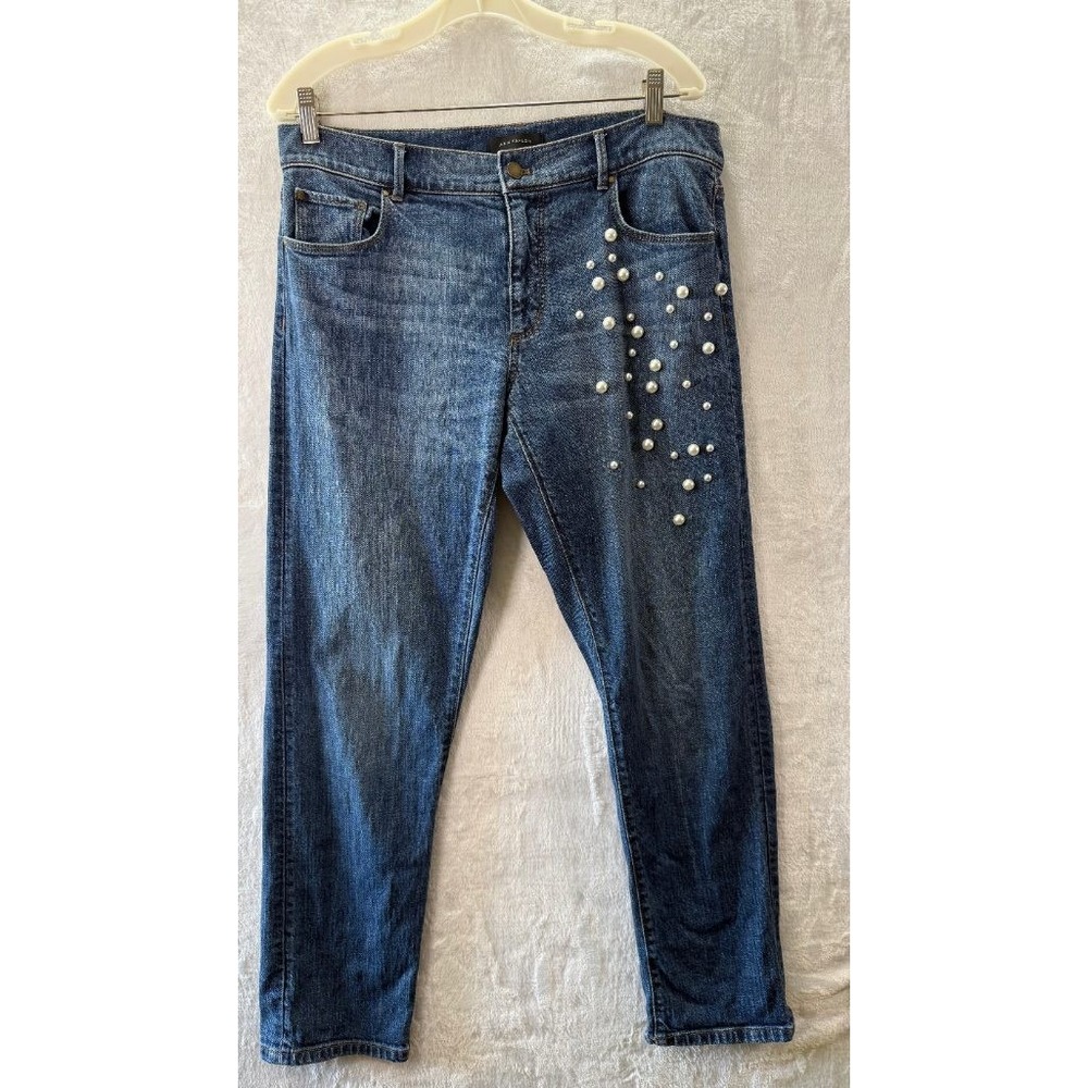 Ann Taylor The Girlfriend Jeans Sz 6 Pearl Embellished Straight Leg Medium Wash